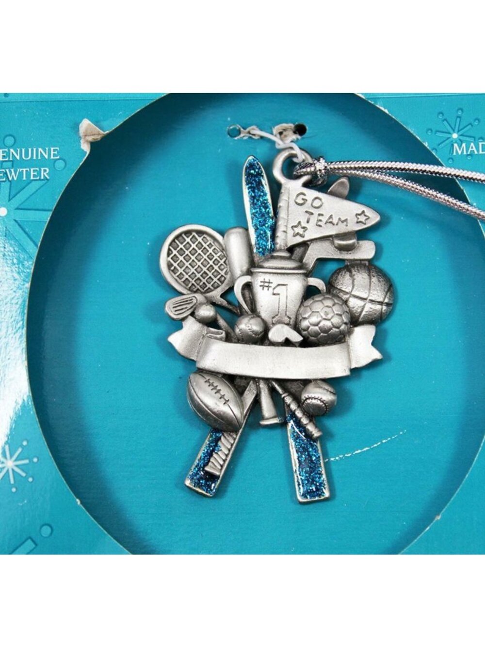 Gloria Duchin Genuine Pewter "Go Team" Sports 2003 Christmas Ornament w/Box